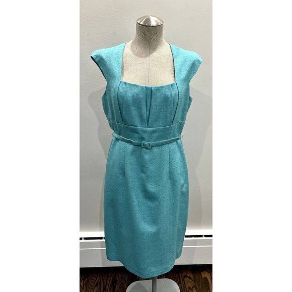 David Meister NEW Square Neck Belted Sheath Dress in Seafoam Sz 10 snug. Or 8 - Picture 1 of 5